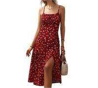 FUPODD Spaghettiträger-Kleid Damen Korsett Geblümt Trägerkleid Sommer Midi Mit Schlitz Sommerkleid Lang Elegant Blumen Boho Sommerkleider Frauen Leicht Und Luftig Strandkleid Italienische Kleider