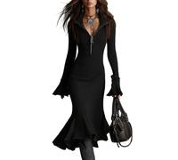 FUPODD Strickkleid Damen Lang Rüschen Figurbetontes Kleid Langarm Winter Strick Pulloverkleid Midi Elegant Curvy Winterkleid Mit Kragen Reißverschluss Pullikleid Slim Lange Kleider Trompetenärmel