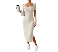 FUPODD Strickkleid Damen Sommer Lang Kleid Mit Schlitz Figurbetontes Midikleid Elegant Sommerkleid Bodycon Rippenstrick Kleider Eng Kurzarm Freizeitkleid Mit Eckigem Ausschnitt Bleistiftkleid Frauen