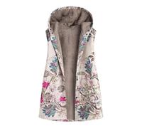 FUPODD Weste Damen Lang Winter Teddyfutter Westen Mit Kapuze Elegant Longweste Blumen Ärmellos Mantel Mit Fell Innen Gefüttert Warm Fleeceweste Innenfutter Kuschelig Teddywesten Frauen Mittellang