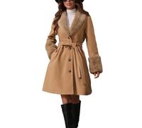 FUPODD Wintermantel Damen Elegant Wolle Lang Warm Wollmantel Damen Winter Trenchcoat A Linie Mit Gürtel Lange Winterjacke Fellkragen Mit Knöpfen Damenmantel Einfarbig Fleece Mantel Frauen Plüsch