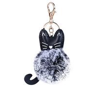 Fur Keychain Doll Keychain Adorable Leather Kitten Plush Toy Rabbit Fur Style Pom Keyring Embellished with Pearls and Rhinestones Handbag and Car Key Accessory Blue (White)