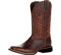 furlinkhm Western-Cowboystiefel für Herren, Westernstiefel mit quadratischer Zehenpartie, Retro-Lederstickerei, lässig, klobiger Absatz, breite Wade, Schlupfstiefel, Braun, 46 EU
