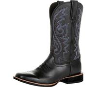 furlinkhm Western-Cowboystiefel für Herren, Westernstiefel mit quadratischer Zehenpartie, Retro-Lederstickerei, lässig, klobiger Absatz, breite Wade, Schlupfstiefel, Schwarz, 44 EU
