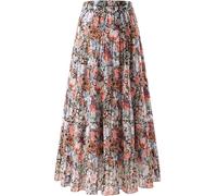 Furpazven Maxirock Rock Lang Damen Skirt Bohemien Sommerrock Hohe Elastische Taille Plissierter Elegant A-Line Sommer Maxi Rock Röck Floral-04 S