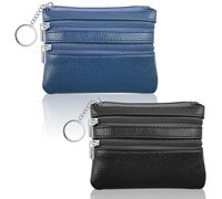 Furuising 2 Stück Schlüsseletui Klein, Schlüsseltasche Leder, Portable Schlüsselmäppchen mit 3 Fächern, Mini Portemonnaie für Herren & Damen für Autoschlüssel, Karten, Geld (Schwarz + Blau)
