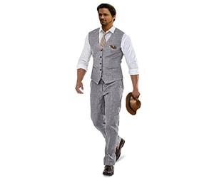 Furuyal Leinenanzüge für Herren, lässig, Hochzeit, 2-teilig, Anzüge für Trauzeugen, Smoking, Sommer, Strand, Abschlussball, Weste und Hose, Hellgrau, XL