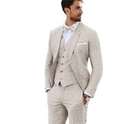 Furuyal Leinenanzug, 3-teilig, Vintage-Retro-Stil, Hochzeit, Abschlussball, Anzüge, schmale Passform, Jacke, Blazer, Bräutigam, Smoking, Beige, S