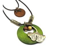 FUSHENGTER Halskette Damen Ketten Anhänger Frauen Geschenk Vintage-Halskette Aus Holz Für Frauen, Großes Blatt, Runder Anhänger, Pullover-Kette, Halsketten, Modisch, A-1