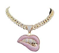 FUSHENGTER Halskette Damen Ketten Anhänger Frauen Männer Frauen Hip Hop Biss Lippe Form Anhänger Halskette Kristall Iced Out Bling Hiphop Halsketten Mode Gold
