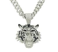 FUSHENGTER Halsketten Herren Hip hop Ketten Anhänger Frauen damenkette Rapper Dreidimensionale Halskette mit Tigerkopf-Anhänger, trendiger Nachtclub, personalisierter Herrenanhänger, Silber, 45 cm