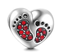 Fußabdruck-Charm, 925er-Sterlingsilber, Herz, Babyfuß-Charm, Geburtstags-Charm, Geburtsstein-Charm, Herz, Charm-Anhänger für Pandora-Charm-Armband (rot)