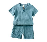 Fußball Trikot Kinder Kleinkind Kinder Baby Junge Mädchen Solide Pullover Kurzarm Baumwolle Leinen Sweatshirt T-Shirt Rundhals Tops Shorts Set Kleidung Geburt Kleid (Light Blue, 12-24 Months)