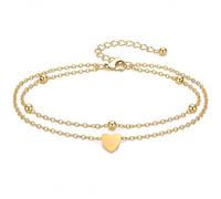 Fußkettchen Damen mit Anhänger, Edelstahl wasserfest Mehrreihige verstellbare Fußkette, Filigraner Fußschmuck für Sommer Strand Alltag (Gold Herz)