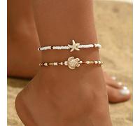 Fußkettchen-Set für Damen, Bohemian-Seestern und Schildkröte, Perlen, Perlen, handgefertigt, geschichteter Fußschmuck, 2 Stück