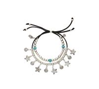 Fußkette mit Anhänger LASCANA "in Layer Look", Damen, Gr. Metallmix, bunt (schwarz, silberfarben, türkis), glänzend, Fußketten, 2 reihiges Fußkettchen mit muschelförmige Anhänger (41197764-0) schwarz,