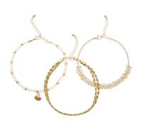 Fußketten Set LASCANA "3 einzelne Fußkettchen in Boho Stil", Damen, Gr. Glas Lederimitat Metall, gold (goldfarben, weiß), Glas, Lederimitat, Metall, glänzend, Fußketten, und Glasperlen, Fußkettchen mi