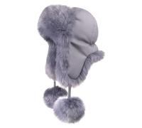 Futrzane Fliegermütze - Schapka Uschanka Damen - Fell Trapper Mütze aus Leder (L, Stahlblau - Stahlblau Siberian)