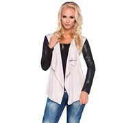 FUTURO FASHION - Damen Cardigan mit Wasserfall-Design - Ärmel in glänzender Leder-Optik - elegant - Viskose - 8079 - Beige - 36/38 (M)