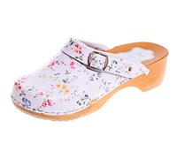 FUTURO FASHION® - Damen Clogs - gesund & natürlich - Echtleder - Holzsohle - Unisex-Farben - einfarbig - Größe 36-42 - Weiß/Blau mit Blumen - 37 EU