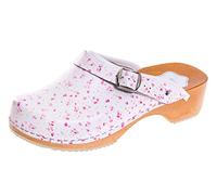 FUTURO FASHION® - Damen Clogs - gesund & natürlich - Echtleder - Holzsohle - Unisex-Farben - einfarbig - Größe 36-42 - Weiß/Pink mit Blumen - 37 EU