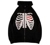 FUZUAA Damen Reißverschluss Hoodie Gothic Skeleton Ribcage Grafik Y2K Harajuku Neuheit Sweatshirt Mode Pullover Lässiger Vintage Hoodie (Color : Black, Size : S)