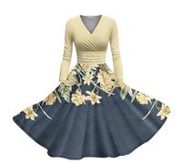 FWbfde Damen Rockabilly Kleider V-Ausschnitt Abendkleider 3/4 Arm Langarm Festlich Kleid Tie-dye Druck Retro Vintage Swing A-Linie Midikleid Lange Cocktailkleid 60er Blumenkleid