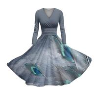 FWbfde Damen Rockabilly Kleider V-Ausschnitt Abendkleider 3/4 Arm Langarm Festlich Kleid Tie-dye Druck Retro Vintage Swing A-Linie Midikleid Lange Cocktailkleid 60er Blumenkleid