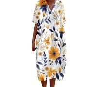 FWbfde Freizeitkleid Damen Vintage Blumen Kunstdruck Lässiges Fließendes Kleid Umstandskleid Festlich Blumenkleid Lässig Locker Große Größe Sommerkleid Damen Leicht und Luftig(A5-Gelb,3XL)