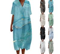 FWbfde Freizeitkleid Damen Vintage Blumen Kunstdruck Lässiges Fließendes Kleid Umstandskleid Festlich Blumenkleid Lässig Locker Große Größe Sommerkleid Damen Leicht und Luftig(A2-Himmelblau,5XL)