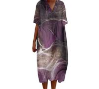 FWbfde Freizeitkleid Damen Vintage Blumen Kunstdruck Lässiges Fließendes Kleid Umstandskleid Festlich Blumenkleid Lässig Locker Große Größe Sommerkleid Damen Leicht und Luftig(A4-Lila,3XL)