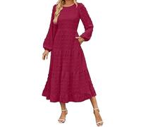 FWbfde Maxikleid Damen Lange Jacquard Stricken Kleider Tupfen Langarm Kleid Frühling Sommerkleider Strandkleid Taillenkleid Abendkleid Swing Schwingen Kleid mit Taschen(Hot Rosa,L)