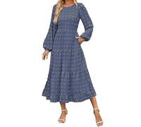 FWbfde Maxikleid Damen Lange Jacquard Stricken Kleider Tupfen Langarm Kleid Frühling Sommerkleider Strandkleid Taillenkleid Abendkleid Swing Schwingen Kleid mit Taschen(Blau,XL)