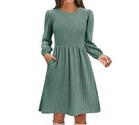 FWbfde Midikleid Damen Knielang Lange Jacquard Stricken Kleider Gesmoktes Langarm Kleid Rüschen Freizeitkleider Taillenkleid Sommerkleid Damen Leicht und Luftig(Grün,XL)