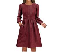FWbfde Midikleid Damen Knielang Lange Jacquard Stricken Kleider Gesmoktes Langarm Kleid Rüschen Freizeitkleider Taillenkleid Sommerkleid Damen Leicht und Luftig(Rot,M)