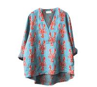 FWbfde Sweatshirt Damen Ohne Kapuze Lässiges V-Ausschnitt Tshirt Baumwolle und Leinen für Damen Retro Fisch Kunst Druck Sweatshirt Damen Oversized Tshirt Damen Langarm Streifen Pullover(Hellblau,S)