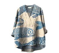 FWbfde Sweatshirt Damen Ohne Kapuze Lässiges V-Ausschnitt Tshirt Baumwolle und Leinen für Damen Retro Fisch Kunst Druck Sweatshirt Damen Oversized Tshirt Damen Langarm Streifen Pullover