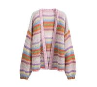 FWSHANGMAO Cardigan Damen Sommer,Grobstrick-Pullover Für Damen,Strickjacke,Locker,Bunt,Gestreift,Langärmlig,Vorne Offen,Strickjacke,Gerippte Knopfleiste,Weiche,Elegante,Leichte Herbstjacke,Pink,XL