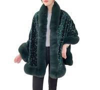 FWSHANGMAO Damen Winter Kunstpelz Cape Poncho Pailletten Bolero Shrug Glänzend Abend Party Jacke Offene Vorderseite Cardigan Jacke Schals und Wickel für Abendkleider Dunkelgrün