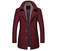 FWSHANGMAO Herren Wintermantel Mittellang Wollmäntel mit Winter Vset Wolltrenchcoat Slim Fit Peacoat Wolljacke Peacoat Herren Business Casual Mantel Wollmischung Übermantel mit Taschen Dunkelrot S