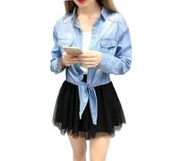 FWSHANGMAO Langärmliger Bolero für Damen, Leichter Jeans Cardigan Zum Binden Vorn, Kurzer Cardigan, Shrug Oberteil, Jeansbluse mit Hochgerollten Ärmeln für Lässige Kleider, Hellblau, M