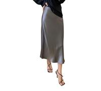 FXSMCXJ Satinrock Frauen Geteilte Röcke Sommer Mode Soft Satin Rock Frauen Hohe Taille A-line-röcke Weibliche Röcke-grau-XL