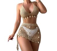 Fydranix 2-teiliges Damen-Set aus Häkel-Badeanzug mit Muscheln, Neckholder-Bikini, Oberteil und ausgehöhltem Strandrock mit hoher Taille
