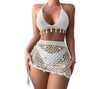 Fydranix 2-teiliges Damen-Set aus Häkel-Badeanzug mit Muscheln, Neckholder-Bikini, Oberteil und ausgehöhltem Strandrock mit hoher Taille