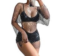 Fylovery Frauen Glänzende Strasssteine Kleid Fischnetz Ausschnitt Durchsichtig Langarm Crop Tops für Club Bademode Kleid Bikini Cover Up Streetwear, A-schwarz, Medium