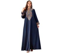 FYMNSI Abaya-Kleid für Damen, Blumenstickerei, muslimischer Maxi-Bademantel, Eid-Gebetskleider, Dubai-Kleidung, arabischer islamischer Kaftan, Dunkelblau, XX-Large