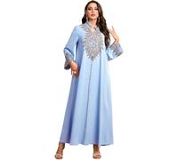 FYMNSI Abaya-Kleid für Damen, Blumenstickerei, muslimischer Maxi-Bademantel, Eid-Gebetskleider, Dubai-Kleidung, arabischer islamischer Kaftan, Hell, blau, Small