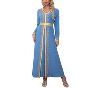 FYMNSI Muslimisches Abaya-Kleid für Damen, islamisches Dubai, bescheidene Spitze, Gürtel, Abayas, Kaftan, Eid, Gebetskleidung, arabischer Maxi-Robe, Eisblau, Large