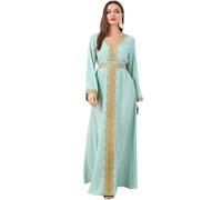 FYMNSI Muslimisches Abaya-Kleid für Damen, islamisches Dubai, bescheidenes Spitzenkleid mit Gürtel, Abayas, Kaftan, Eid, Gebetskleidung, arabischer Maxi-Robe, Grün , Groß