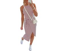 FZKun Ärmelloses, gestreiftes Tank-Midikleid für Damen, lässiger Neckholder, schmale Passform, gerüscht, figurbetont, Taillen-T-Shirt, Sommerkleid, rot, Medium